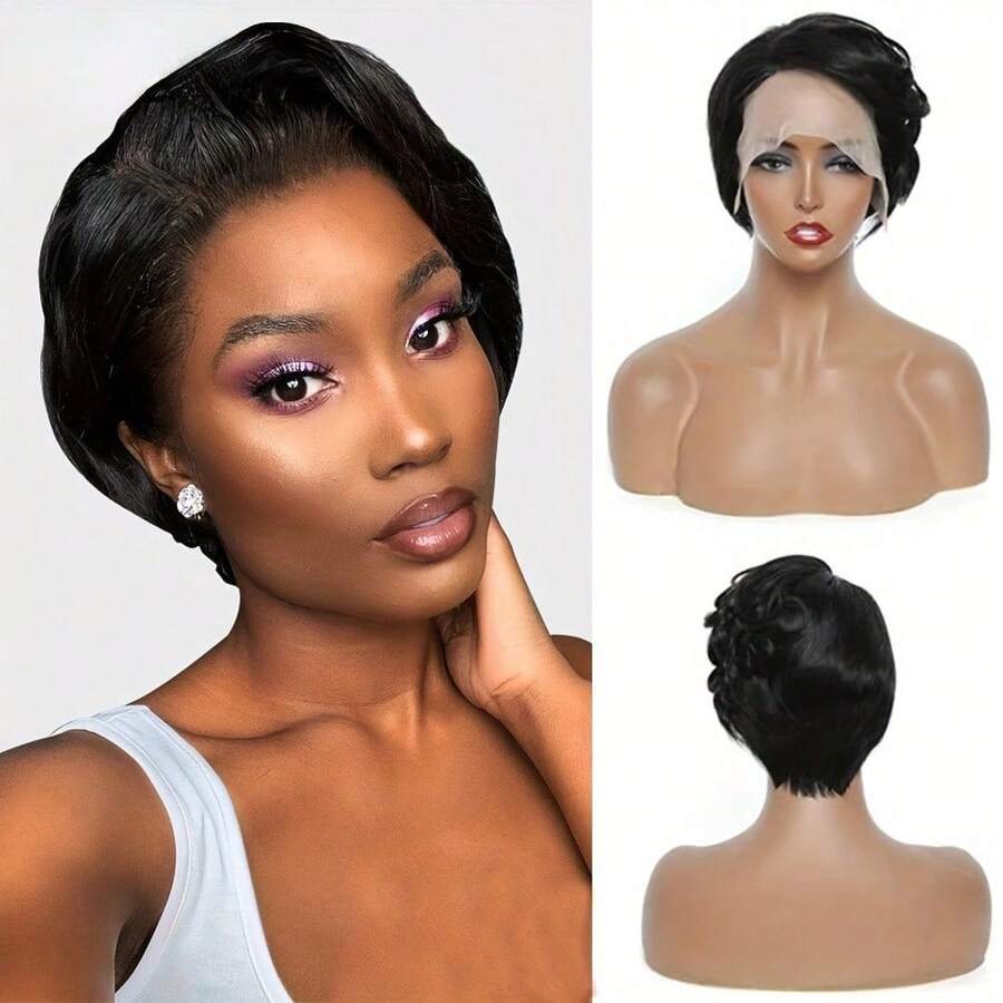 Straight Pixie Cut With Bangs 13 X 4 X 1 TPart Lace Natural Black Wig