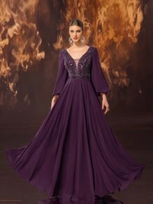 YISIKADO 女士正式优雅雪纺网眼手工串珠灯笼袖 V 领晚礼服，长袖舞会礼服，适合婚礼宾客晚宴 - 紫色 - 查看 2