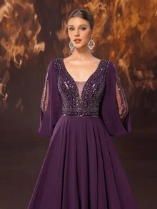 YISIKADO 女士正式优雅雪纺网眼手工串珠灯笼袖 V 领晚礼服，长袖舞会礼服，适合婚礼宾客晚宴 - 紫色 - 查看 7