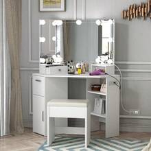 Corner Vanity Desk Set With Vanity Mirror,Built-In Lights,2 Drawers,Power Outlet,Makeup Vanity Table Makeup Desk Makeup Dressing Table For Bedroom - White - View 7