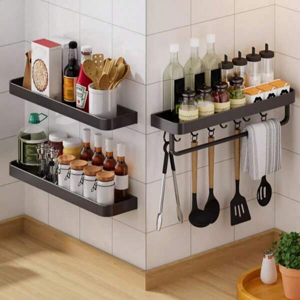 1 Peça Porta-condimentos com Barra e Ganchos para Toalha, Organizador de Temperos, Organizador de Condimentos Suspenso em Armário, Organizador de Temperos Estilo Fazenda, Prateleira Decorativa Flexível Montada na Parede para Cozinha, Deslizante, Acessório de Cozinha
