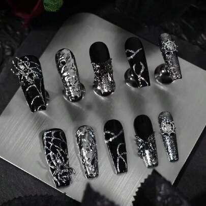 10 Pieces Of Long Coffin Nail, Handmade, Heavy-Duty, Cat Eye Explosion, Dark Spider, Silver Spider Web, Dark Gothic Style, Glossy, Detachable, Fake Fingernails, Fully Covered Nail Kit Suitable For Office Workers, Students, Parties, All Seasons, Daily Wear, Press On, Reusable, With Jelly Glue 1 Piece, Rubbing Strip 1 Piece Nail Supplies Nails