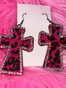 1 par de pendientes de cruz con estampado de Leopardo rosa brillante de cristal Y2K, accesorios de joyería gótica vintage, regalo punk de Halloween