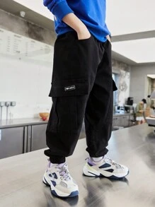 男童休闲工装裤春秋长裤百搭运动街头风适合大童 - 黑色 - 查看 3