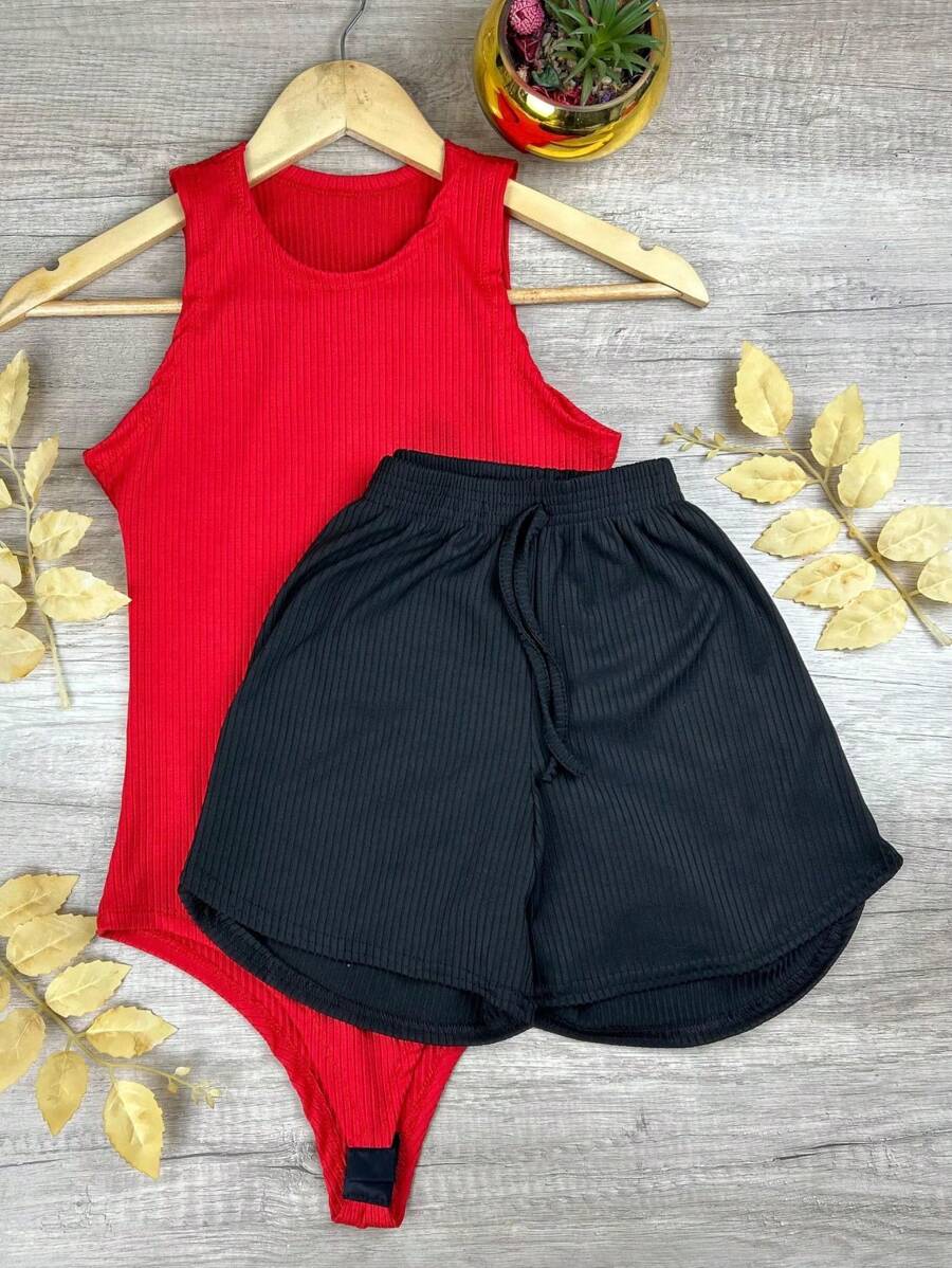 Women's Ribbed Tank Top Bodysuit + Ribbed Bermuda Shorts Kit - Casual, Everyday. - Nhiều màu - Xem 1