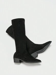 Bottes cuissardes à talons épais et bouts pointus mode femme, couleur unie sexy - Noir - Voir 7
