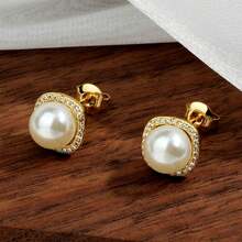 18K GOLD PLATED EARRING WITH ZIRCONIA STUDDED PEARL - Vàng - Xem 5