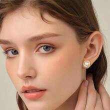 18K GOLD PLATED EARRING WITH ZIRCONIA STUDDED PEARL - Vàng - Xem 2