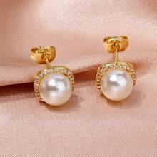 18K GOLD PLATED EARRING WITH ZIRCONIA STUDDED PEARL - Vàng - Xem 3