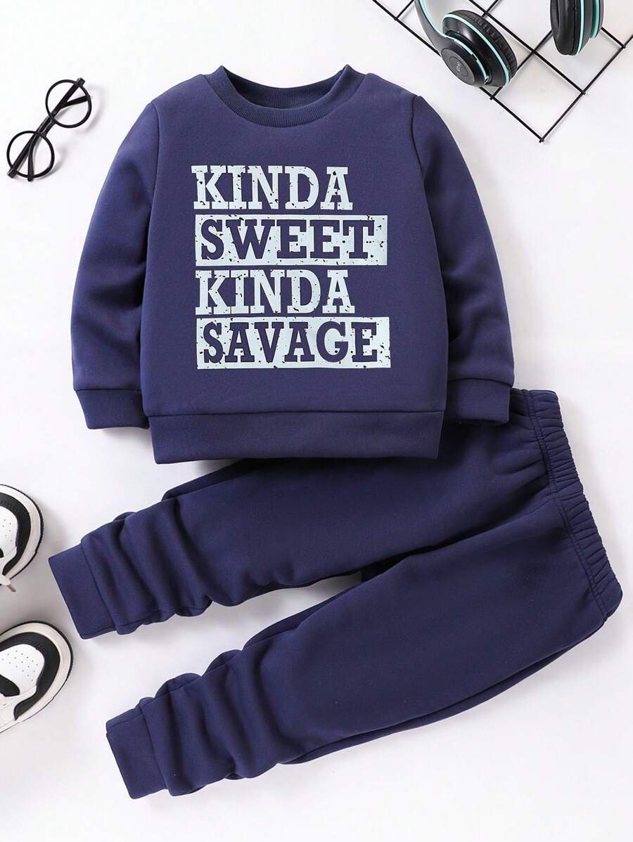 2 pezzi/set Completo di felpa e pantaloni con stampa di lettere alla moda per ragazzi, autunno inverno