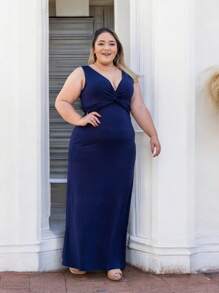Plus Size Long Dress With V-Neck And Criss-Cross - Màu xanh hải quân - Xem 3