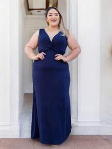 Plus Size Long Dress With V-Neck And Criss-Cross - Màu xanh hải quân - Xem 1