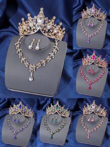 4pcs Elegant Rhinestone Queen Crown Necklace Earrings Set, Bridal Wedding Crown Hair Accessories, Women Party Occasion Jewelry Decoration Valentine's Day Accessories - HG057-TL150 - 查看 11