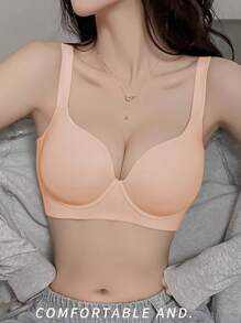 2 件装简约纯色内衣薄款无钢圈聚拢舒适文胸收副乳防下垂全罩杯无缝文胸内衣 - 彩色 - 查看 5