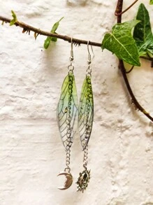 1 par de pendientes con colgante de alas de hada verdes y estrellas, estilo hada, grunge de hadas, goblin, cottage, bosque, brujería, celestial
