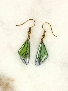 1 par de pendientes con colgante de alas de hada verdes y estrellas, estilo hada, grunge de hadas, goblin, cottage, bosque, brujería, celestial