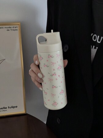 1 件 550ml/18.6oz 蝴蝶结玫瑰花卉系列水瓶，带折叠吸管，原装双层不锈钢保温杯，真空保温杯，旅行户外杯，健身运动杯，平底杯，车载杯，四季饮具，节日礼物，母亲节礼物