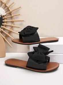 女士休闲平底凉鞋，圆头防滑拖鞋，适合室内和室外海滩使用 - 棕黑色 - 查看 8