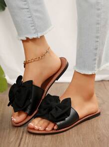 女士休闲平底凉鞋，圆头防滑拖鞋，适合室内和室外海滩使用 - 棕黑色 - 查看 3