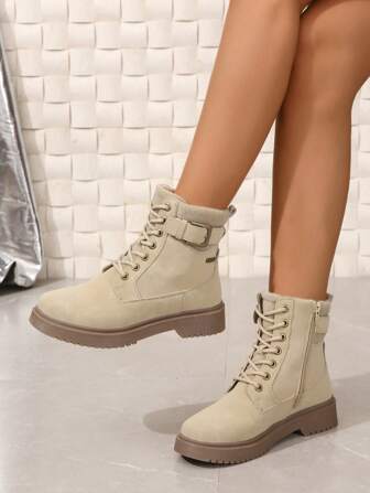 2024 Winter New Boots, Warmly Padded Women Boots, Fashion Casual Women Shoes, Leather Ankle Boots, Black & White Short Boots, Lace-Up & Side Zipper Women Boots Shorts,Fashion Match Black Dress