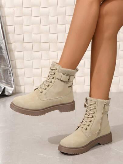 2024 Winter New Boots, Warmly Padded Women Boots, Fashion Casual Women Shoes, Leather Ankle Boots, Black & White Short Boots, Lace-Up & Side Zipper Women Boots Shorts,Fashion Match Black Dress