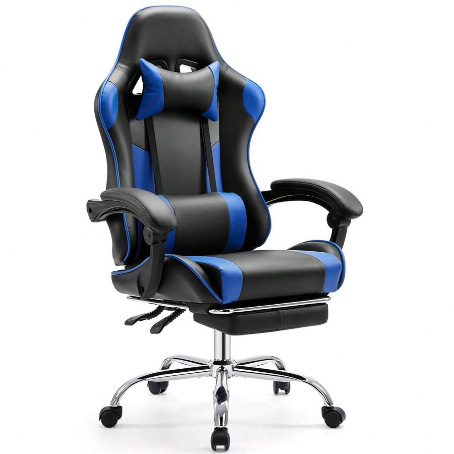 Sweetcrispy Video Game Desk Chair - Ergonomic Computer With Footrest And Comfy Lumbar Support, PU Leather Recliner With Headrest, Fixed Up Armrest, Height Adjustable With 360° Swivel - Blue - View 1