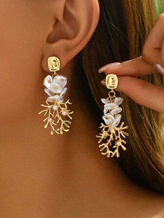 2 件时尚经典海洋派对人造珍珠镶嵌红珊瑚镀金螃蟹和海星天然贝壳 DIY 手工制作，多种款式可选，耳环适合女性节日派对、返校、送礼