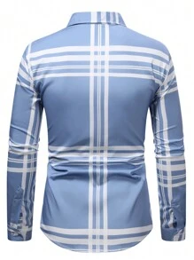 Men's Casual Plaid Print Button-Down Shirt, Spring Autumn - Grey - View 4