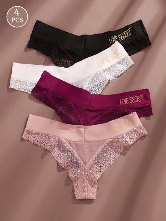 4 PCS Women's Thongs Ice Silk Lace Letters LOVE Quick Drying Sexy Women's Triangle Underwear T-Shirt Thong