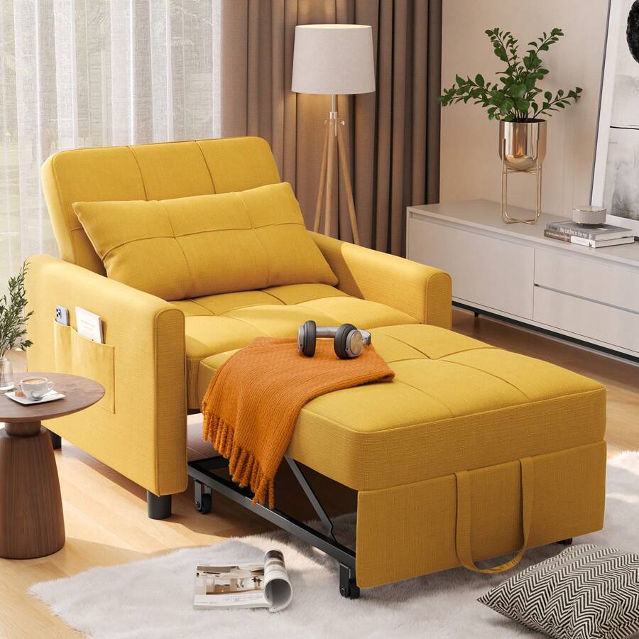 3 In 1 Adjustable Sleeper Sofa Chair Bed, Pull Out Sleeper Bed, Adjustable Backrest Recliner, Convertible Folding Lounge Sofa, Suitable For Living Room, Bedroom, Office And Other Small Spaces - 黃色 - 查看 1