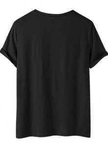 Plus Size Women's Summer Slogan Print Round Neck Short Sleeve Casual T-Shirt - Black - View 2