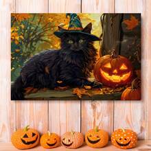 1pc Cute Black Cat With Witch Hat Halloween Canvas Wall Art - Vintage Framed Horror Pumpkin Tree Print In For Bedroom, Living Room, Or Bathroom Decor | Ready To Hang For Spooky Halloween Vibes