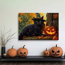 1pc Cute Black Cat With Witch Hat Halloween Canvas Wall Art - Vintage Framed Horror Pumpkin Tree Print In For Bedroom, Living Room, Or Bathroom Decor | Ready To Hang For Spooky Halloween Vibes