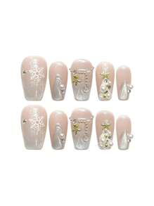 YADORNOS 10pcs Christmas Pink Cat Eye Snowflake 3D Pearl Christmas Tree Handmade Press On Nails, Long Coffin Full Cover Reusable Fake Nail Tips With Jelly Glue And Nail File, Home DIY Nail Supplies Xmas Christmas New Year Gifts