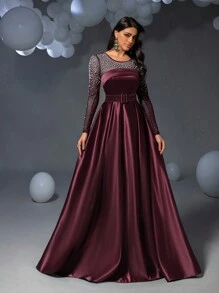 Faeriesty Váy dạ hội trang trọng bằng vải satin đính ngọc trai, váy dự tiệc cưới, váy dự tiệc, váy dạ hội, khách dự tiệc cưới - Màu Đỏ Sâu - Xem 4