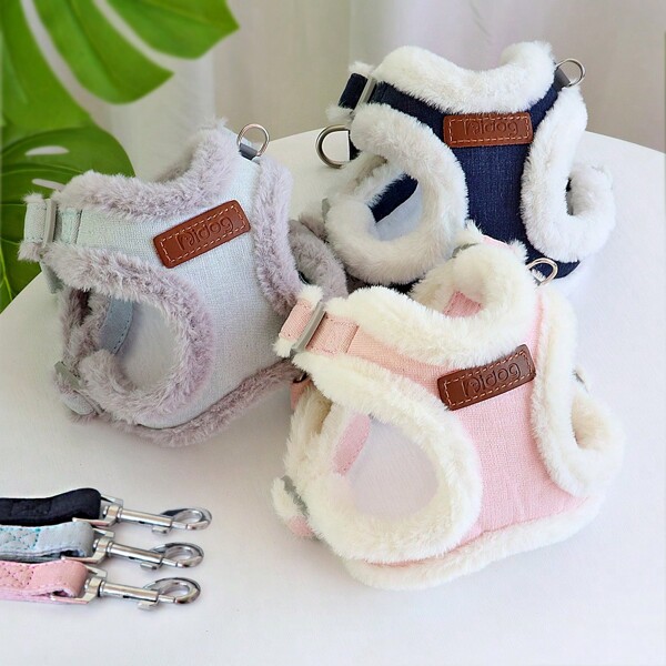 Lekki, nylonowy zestaw szelek i smyczy dla psa na jesień/zimę, z wyściółką, ciepły pas piersiowy i smycz dla psa, regulowany rozmiar do użytku na zewnątrz