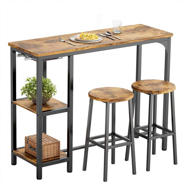 Juego de bar de 3 piezas con mesa y silla y dos gabinetes de almacenamiento abiertos con esquinas de mesa ajustables y bordes de mesa redondos para sala de estar, comedor, restaurante y cocina.