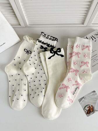 4 Paar Damen Sommer Herbst süße Lässig Socken, Lolita Ballett Stil ultra-dünne atmungsaktive Socken für Damen mit Spitze und Schleifen, Haufen von Lässig Sportssocken