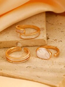 Bộ 3 chiếc nhẫn đồng vẽ tranh sơn dầu bất đối xứng thời trang mới, thiết kế độc đáo cho phụ nữ đeo hàng ngày - Vàng - Xem 6
