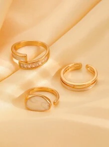 Bộ 3 chiếc nhẫn đồng vẽ tranh sơn dầu bất đối xứng thời trang mới, thiết kế độc đáo cho phụ nữ đeo hàng ngày - Vàng - Xem 4