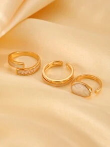 Bộ 3 chiếc nhẫn đồng vẽ tranh sơn dầu bất đối xứng thời trang mới, thiết kế độc đáo cho phụ nữ đeo hàng ngày - Vàng - Xem 3