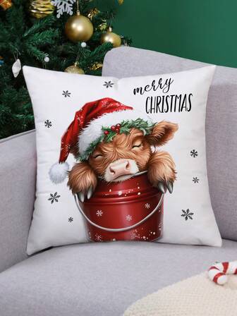 1pc Cute Christmas Calf Printed Soft Pillow Cover, Simple Style Plush Fabric Print Cushion Cover For Sofa Bedroom Home Decor Christmas Decorations Room Decor