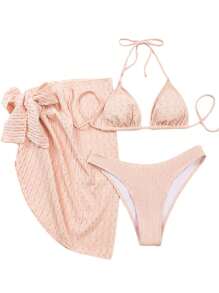 Conjunto Biquíni Trikini Kit 3 Peças Saia Moda Praia - Bege - Visão 3