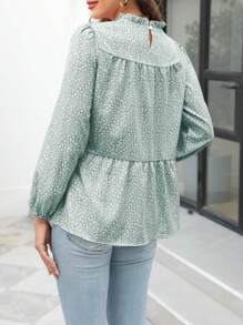 Animal Print Ruffle Neck Blouse - Green - View 4