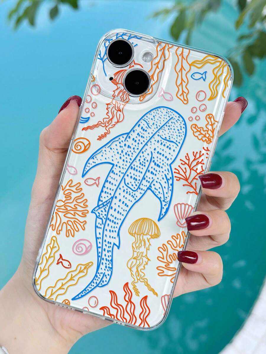 1pc Summer Ocean Theme Whale & Jellyfish Pattern Transparent Soft Phone Case For IPhone11/12/13/14/15Pro Max - Multicolor - View 1