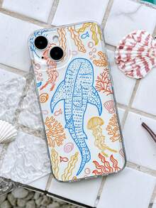 1pc Summer Ocean Theme Whale & Jellyfish Pattern Transparent Soft Phone Case For IPhone11/12/13/14/15Pro Max - Multicolor - View 4