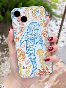 1pc Summer Ocean Theme Whale & Jellyfish Pattern Transparent Soft Phone Case For IPhone11/12/13/14/15Pro Max - Multicolor - View 5