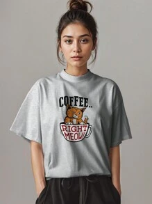 T-Shirt Shirt Cute Kitten Cat Coffee Caffeine REF 4220 FLUXO FX - Xám - Xem 4