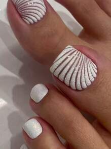 24 片装简约方形镂空贝壳图案短假脚趾甲贴，按压式修脚指甲贴花，适合日常、约会、下午茶、户外穿着，按压式指甲，美甲用品 - 彩色 - 查看 1