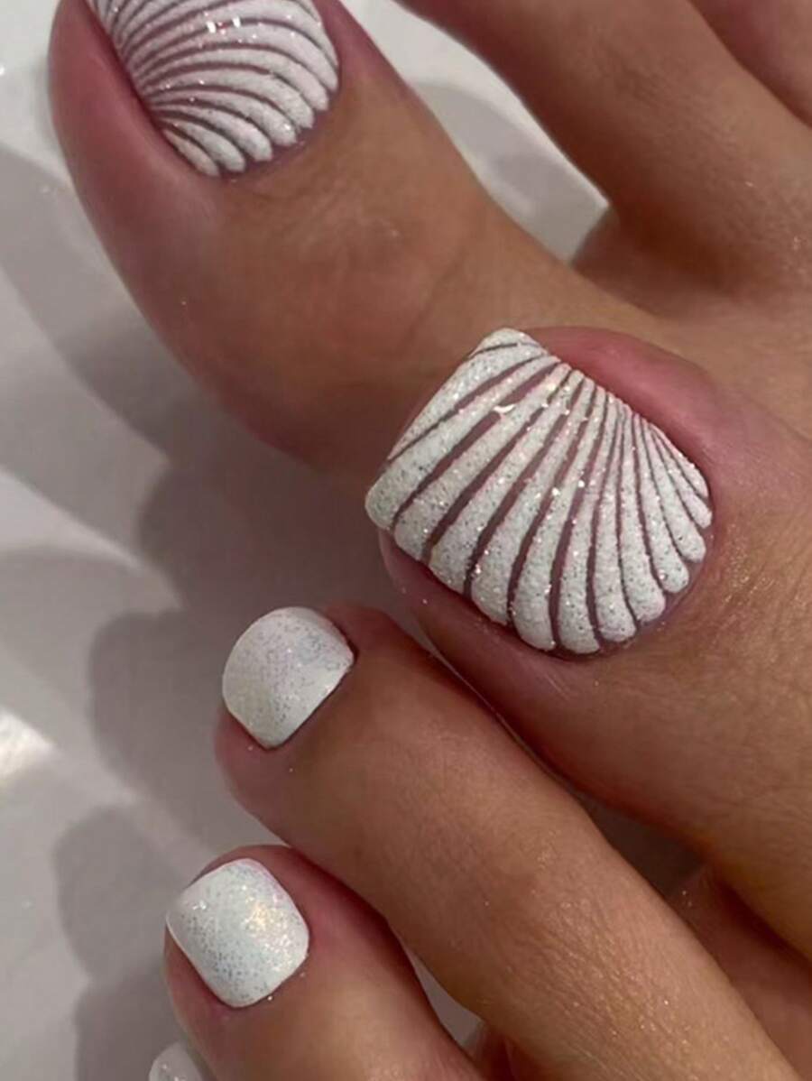 24 片装简约方形镂空贝壳图案短假脚趾甲贴，按压式修脚指甲贴花，适合日常、约会、下午茶、户外穿着，按压式指甲，美甲用品 - 彩色 - 查看 1